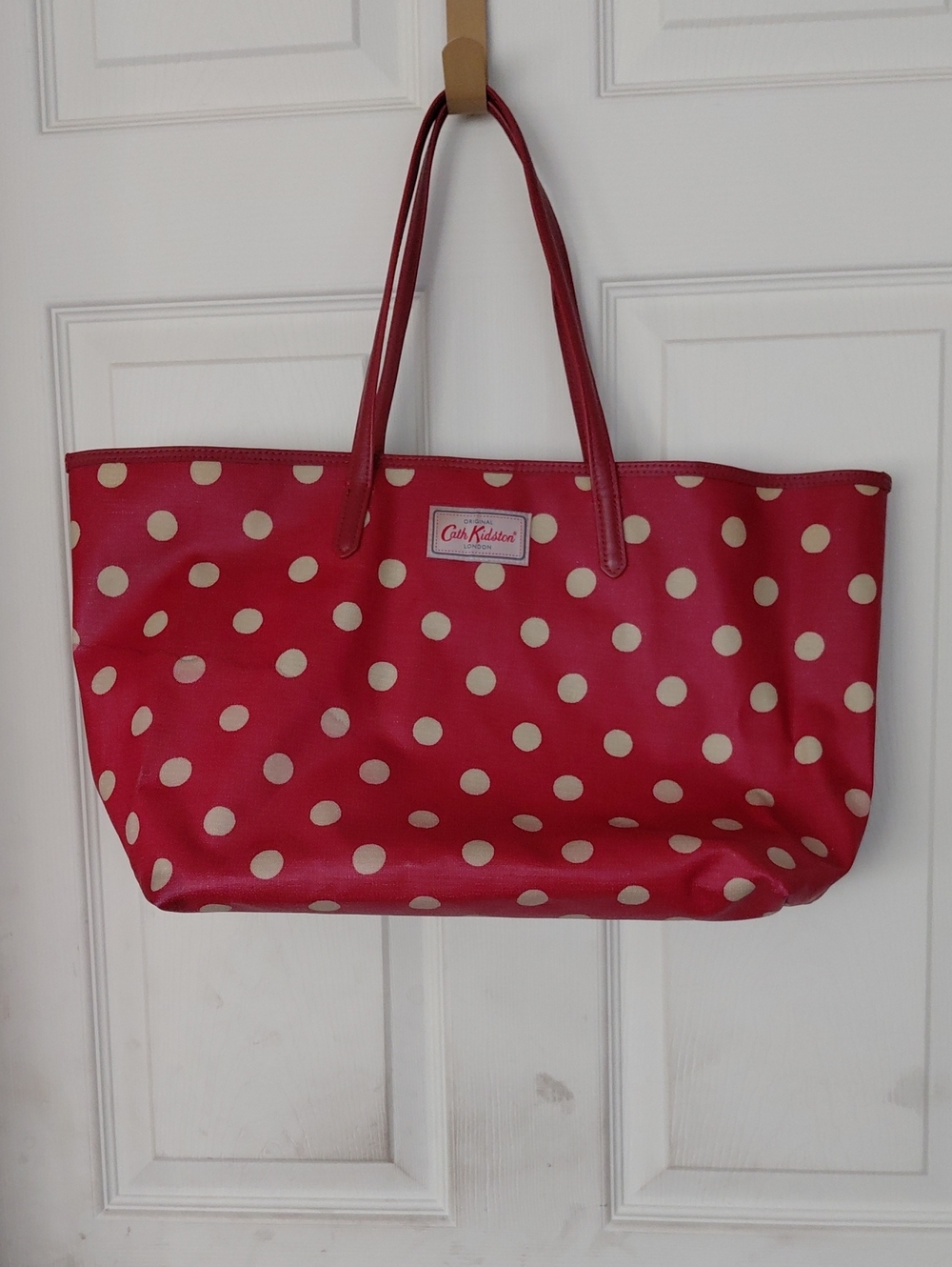 Cath Kidston Red And Cream Tote Polka Dots Doubke Strap Leather Handle 19x11